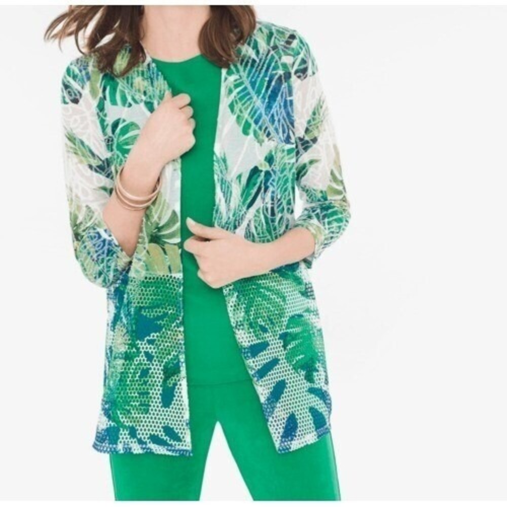 Chico's Travelers Collection Tropical Print Open Front Cardigan 3/4 Sleeve US 12